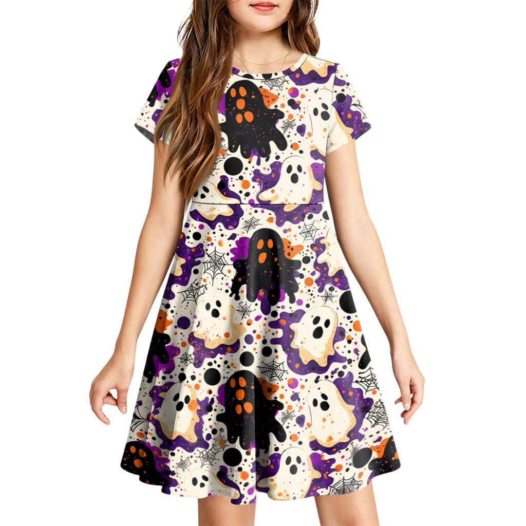 Girls Halloween Printed Short Sleeve Dress with Pockets for Party Costume