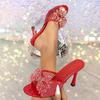 Summer Fashion Rhinestone Butterfly Knot Women Slippers Sandals Red Mesh Open Toe Mules High Heels Design Slides Shoes Zapatos
