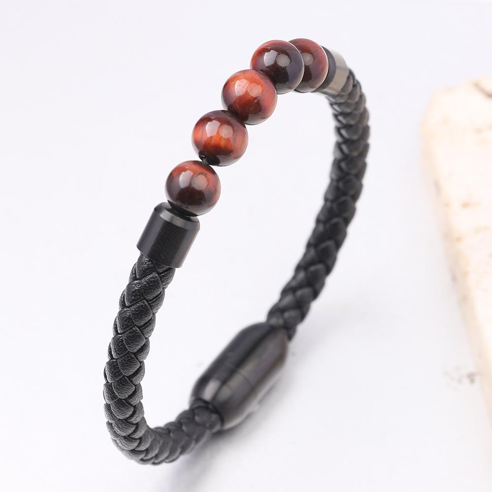 6MM Tiger Eye Leather Bracelet with Magnetic Clasp – Handmade Beaded Design