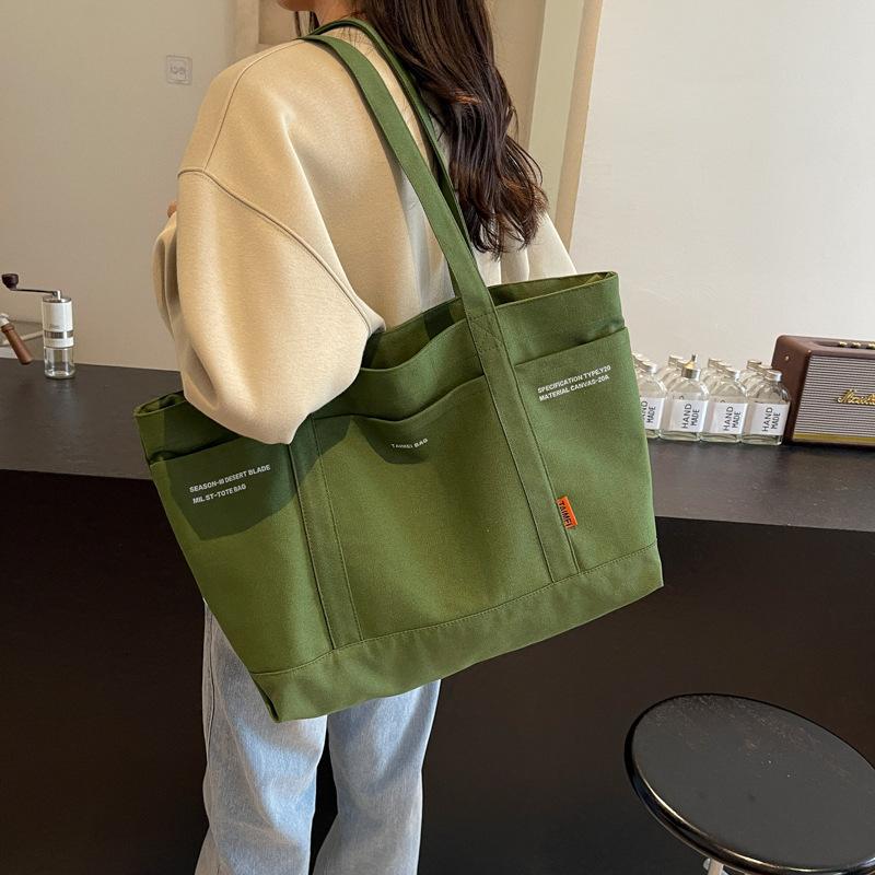 Schoolbag Women's Green Canvas Bag Large Capacity New Casual Fashion Tote Bag Japanese Literary Niche Commuter Shoulder Bag