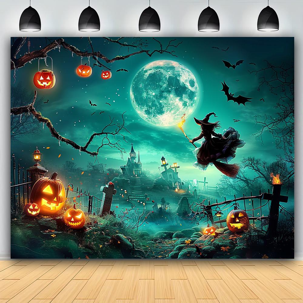 1pc, Halloween photography background - full moon night castle pumpkin party backdropzyc