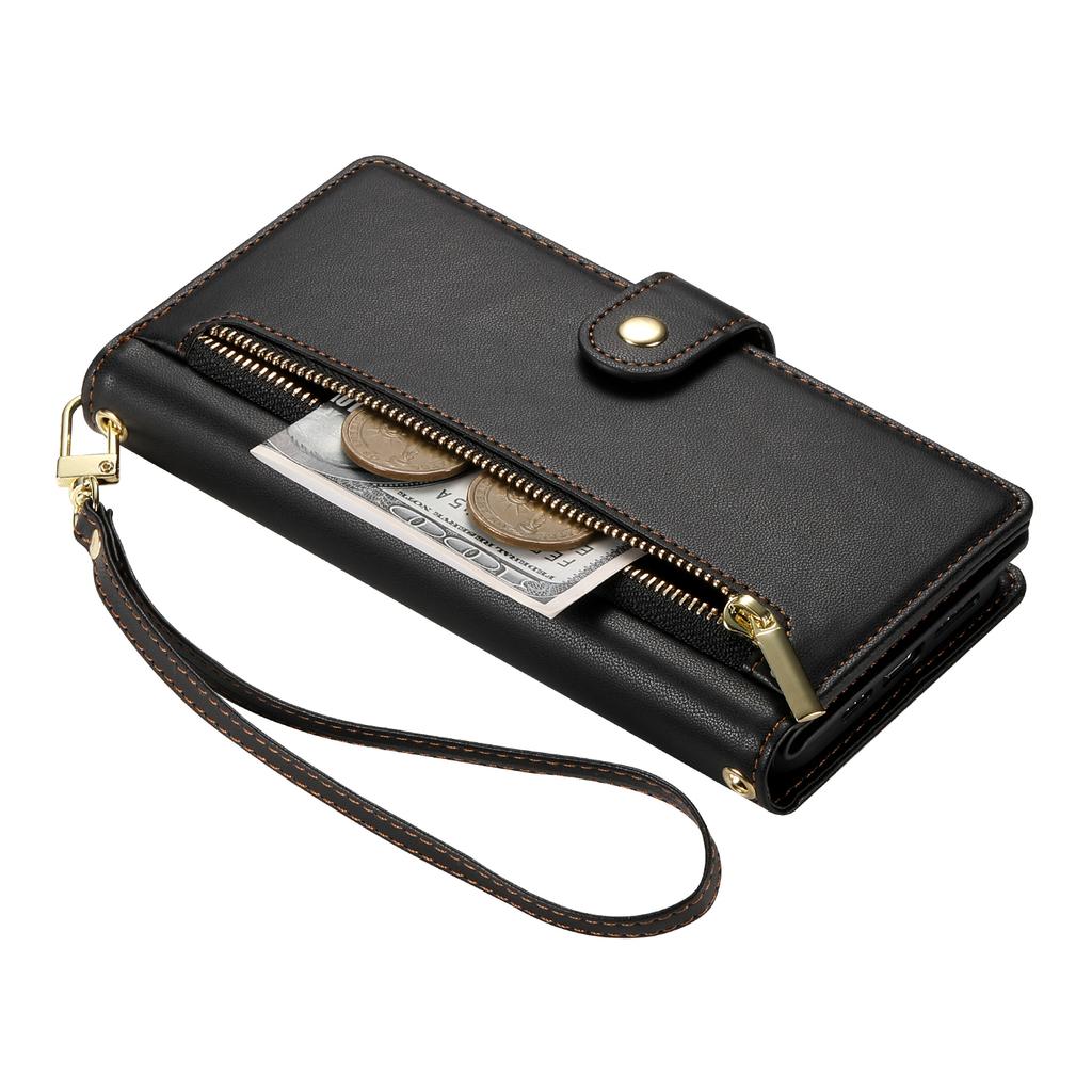 DF-011 For Xiaomi Redmi Note 13 4G Leather Case Zipper Phone Cover with Hand Strap/Shoulder Strap