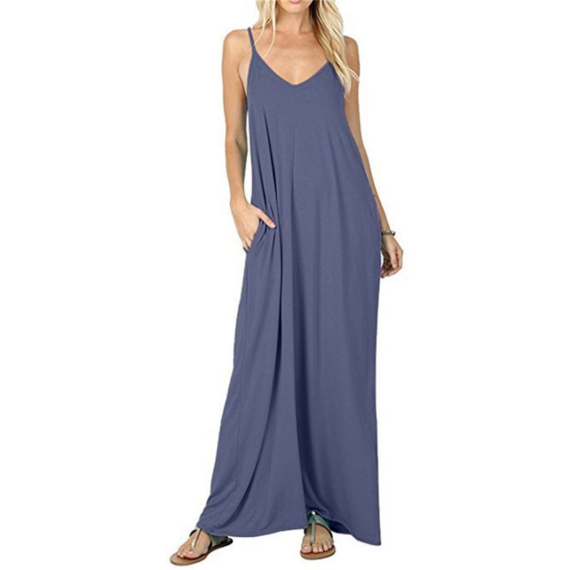 Women's Solid Color Loose Pocket Long Skirt Pure Color Loose Pockets Long Dress