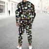 Men Black Base Farm Animal Pumpkin Sunflower Full Print Long Sleeve Sweatshirt Jogger Pants Two Piece Suit