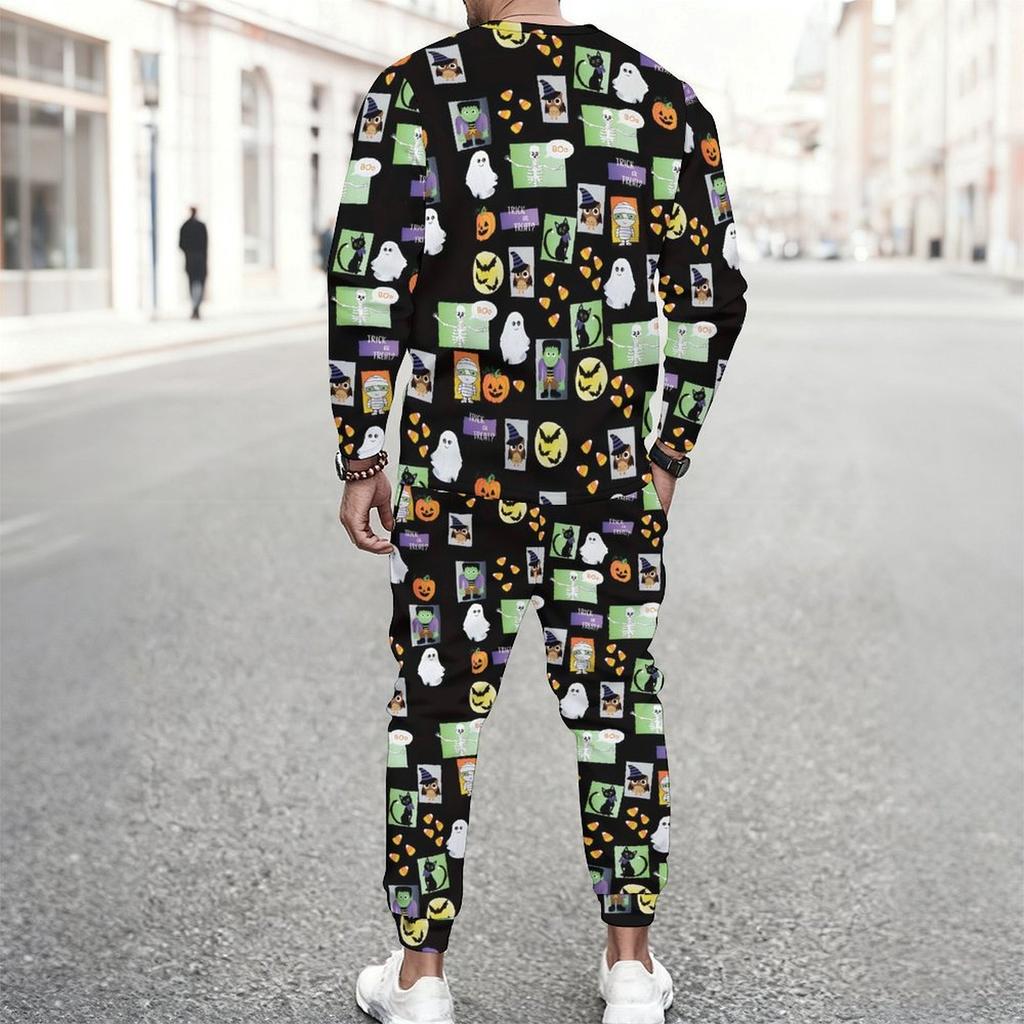 Men Black Base Farm Animal Pumpkin Sunflower Full Print Long Sleeve Sweatshirt Jogger Pants Two Piece Suit