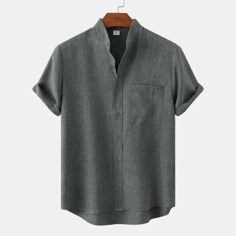 Summer Men's Short Sleeved Solid Color Cotton Linen Men's Shirt