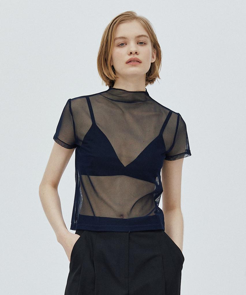 WEARIS See-Through Mesh Short Sleeve T-Shirt_Navy