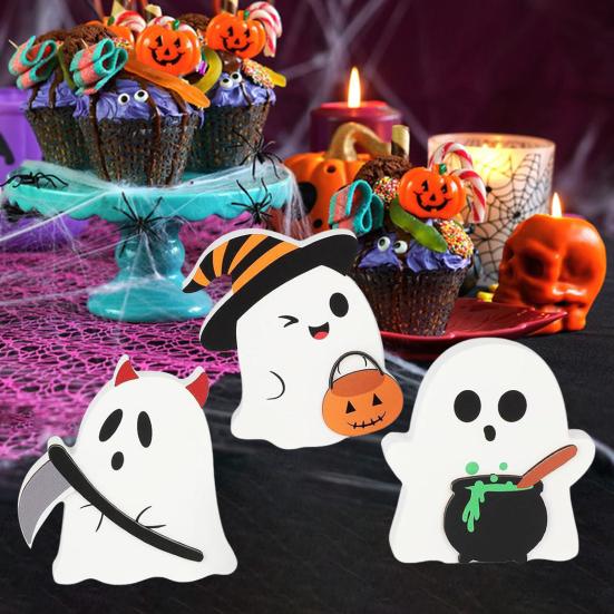 Cute Halloween Ornaments 3Pcs Sweet Ghost Decor, Wooden Figurines with Candy Safe Tabletop Pumpkin & Cauldron, Centerpiece for Home, Party Bakery