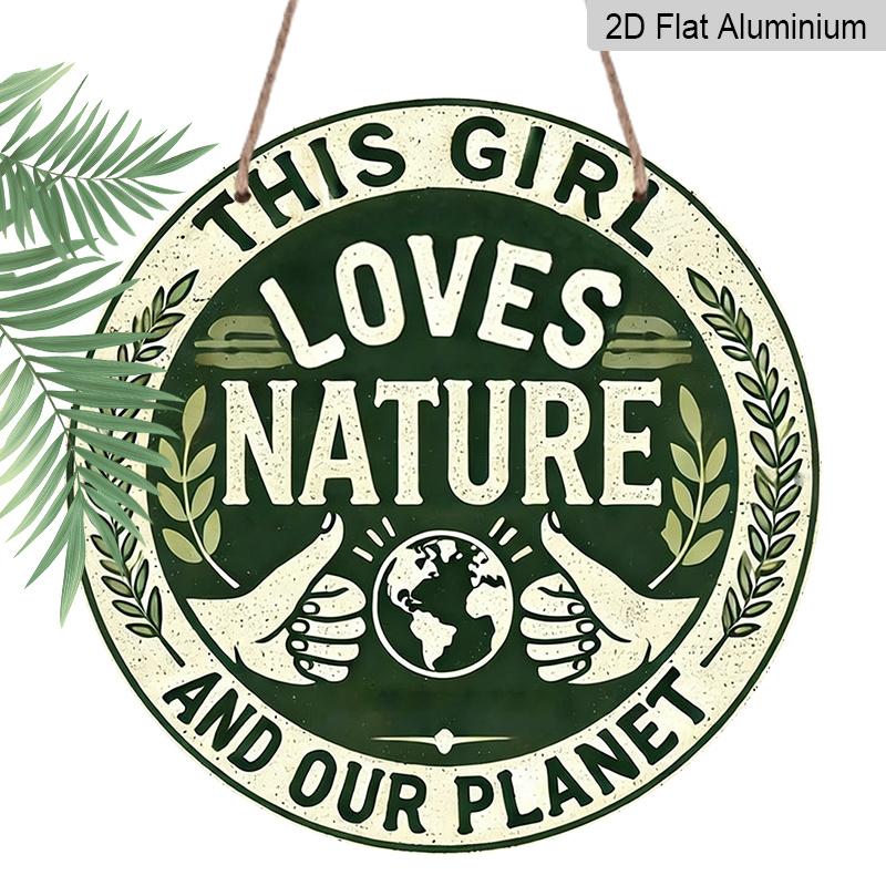 

2D Flat, 7.87inch Round This Loves Nature & Our Planet Metal Wall Art Sign - Green & White Decor Featuring Globe Hands & Laurel Leaves, a Sturdy 1pc