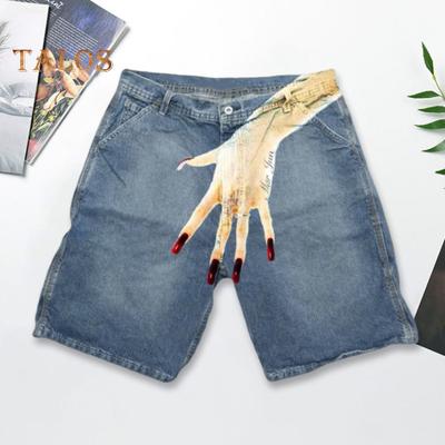 Herren-Jeansshorts mit Knopfleiste, Reißverschluss, handbedruckt, kurze Hose im Hip-Hop-Stil mit Taschen, High Street, lässige kurze Jeans