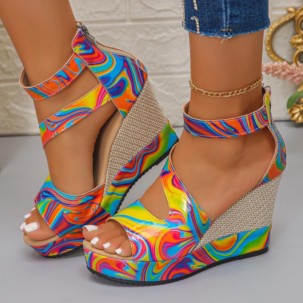 Women Wedge High Heel Peep Toe Sandals Leopard Platform Sandals Thick Sole Summer Comfortable Shoes Women Sandalias De Mujer