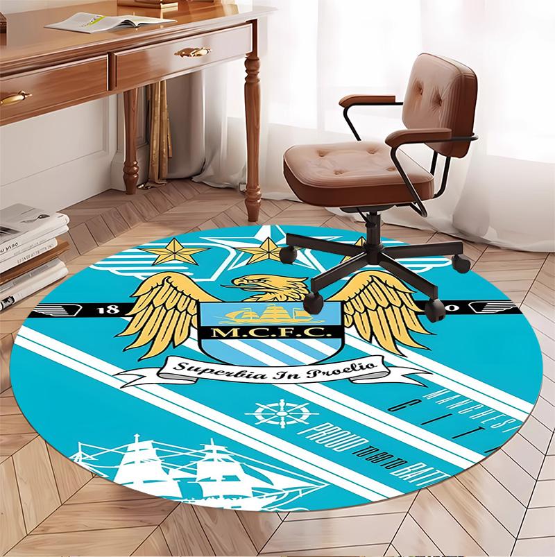 Manchester City FC Pattern Round Rug, Indoor/Outdoor Mat, for Picnic, Gameroom, Bedroom, Office, Living Room, Home Decor Carpet, Birthday Gift