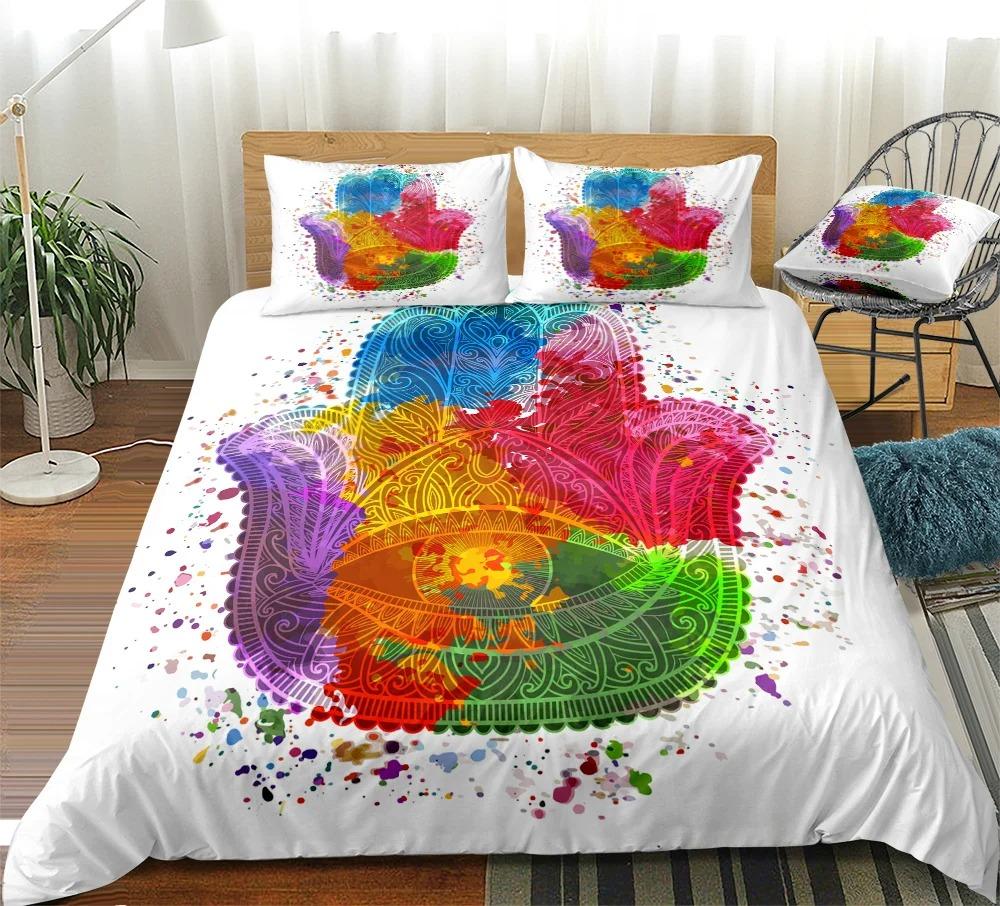 Hamsa Hand King Queen Bedding Set Hand of Fatima Duvet Cover Boho Mandala Black Gold Lucky Hand Polyester Quilt Cover