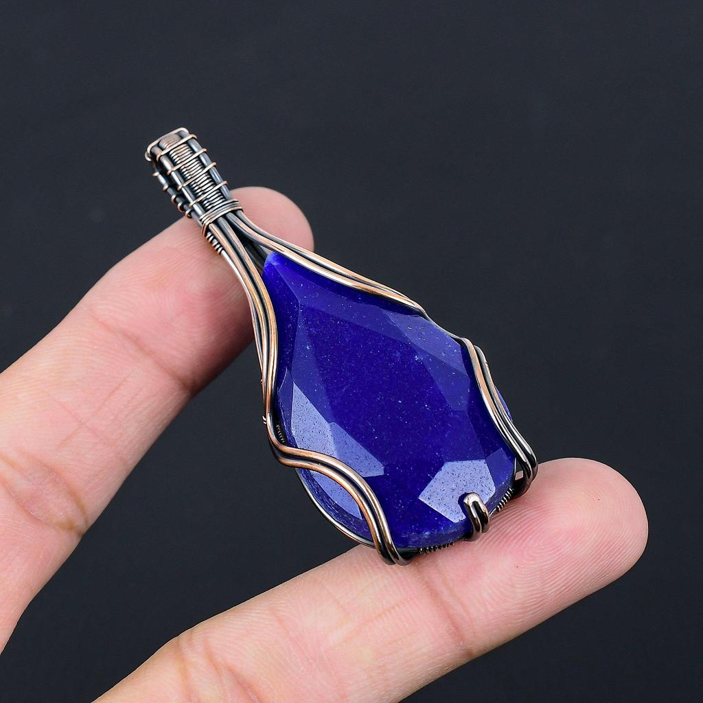 Lab-Created Blue Sapphire Gemstone Pure Copper Wire Wrapped Handmade Pendant Jewelry