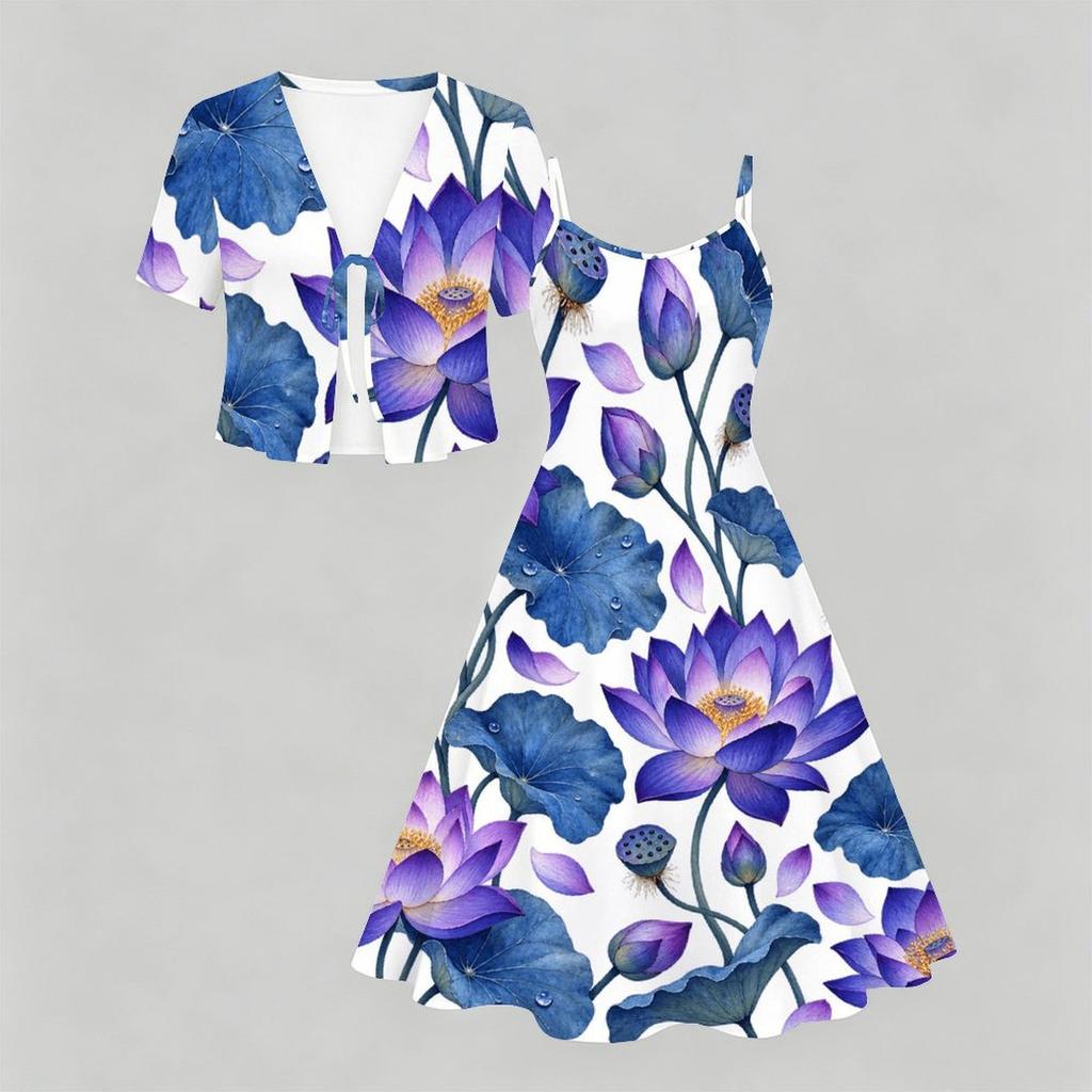 Women Plus Size Two Piece Floral Printed Set Short Sleeve Tie Front Shrug Strappy Flared Dress