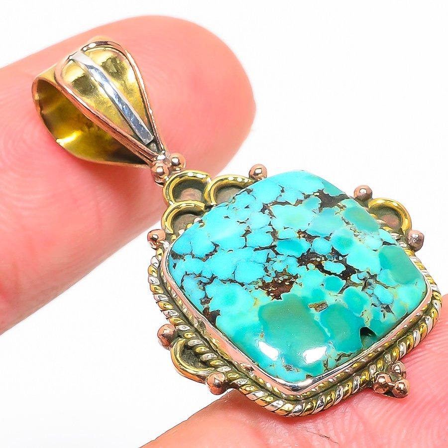 Natural Tibetan Turquoise Two Tone 925 Solid Sterling Silver Pendant 1.50'' Q7q09