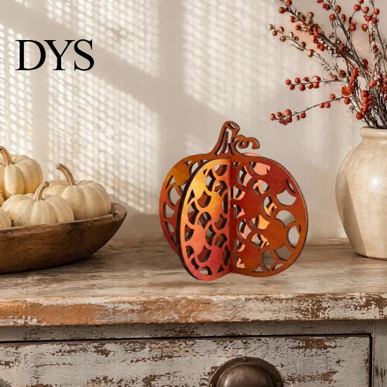 Orange Gradient Wooden Crafts Thanksgiving Pumpkin Decor, Vintage Striped Hollow Carved Ornament Indoor Fireplace Desktop Decor for Home Party, Rustic