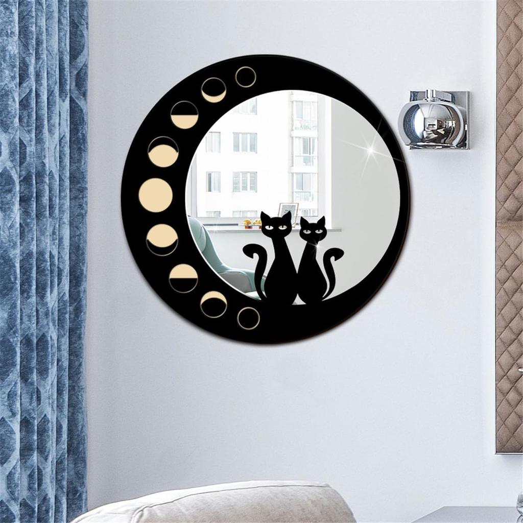 Cat Wood Mirror Wall Decor Art, Cute Cat Wooden Framed Acrylic Mirror Wall Stickers, Boho Black Cats Moon Phase Decorative Mirrors, Wooden Aesthetics