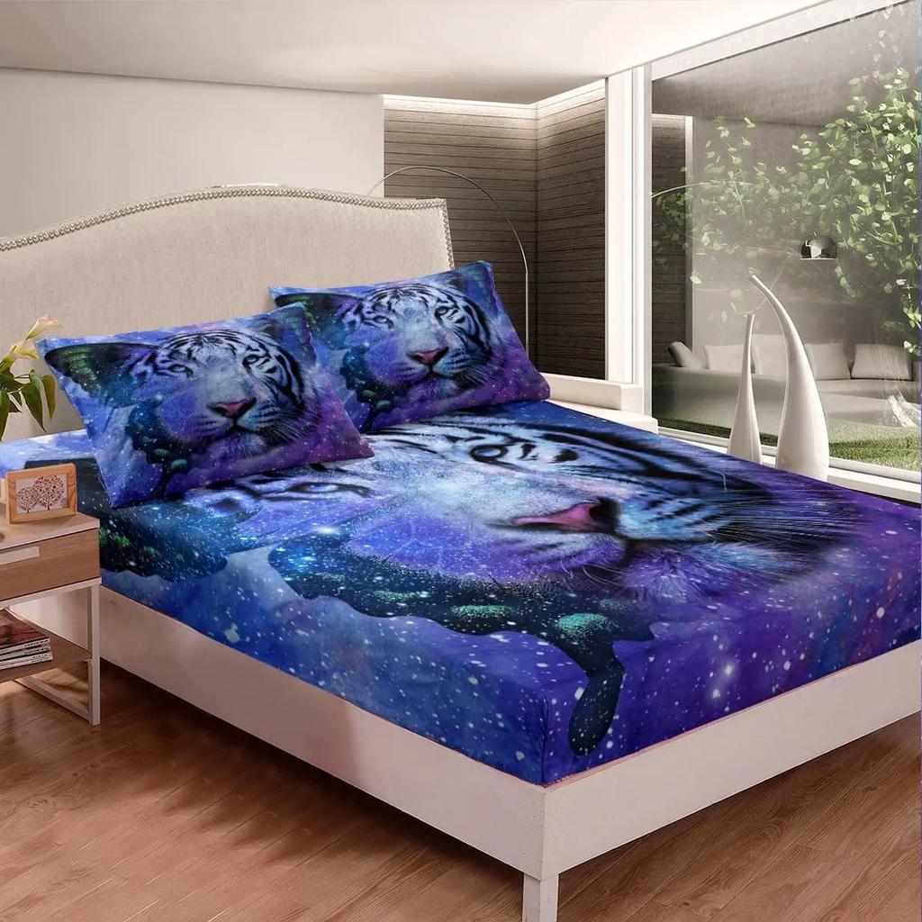 White Tiger Fitted Sheet Queen Size Flowers and Tiger Print Bedding Set for Teens Children Gift Wildlife Animal Floral Theme