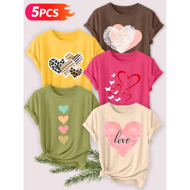 Five-piece set Elegant short-sleeved shirt for women Colorful Heart Series Printed Round Neck Women's Short Sleeve Suitable for Spring and Summer
