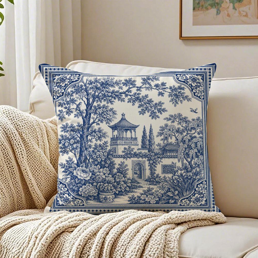 Blue White Landscape Pillow Case Organic Short Plush Cushion Covers Breathable Washable WrinkleResistant