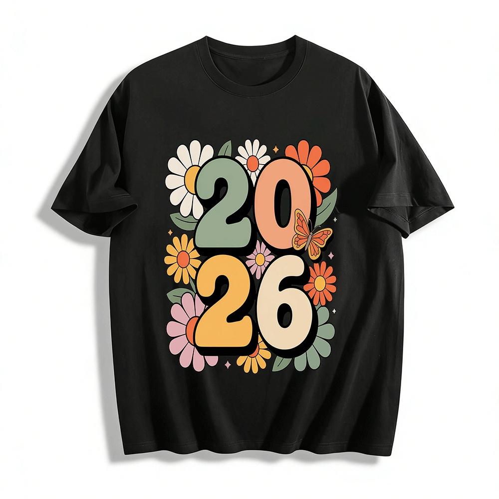 

2026 Floral Butterfly Print Retro Style Casual Short Sleeve Top Pure cotton T-shirt XXS
