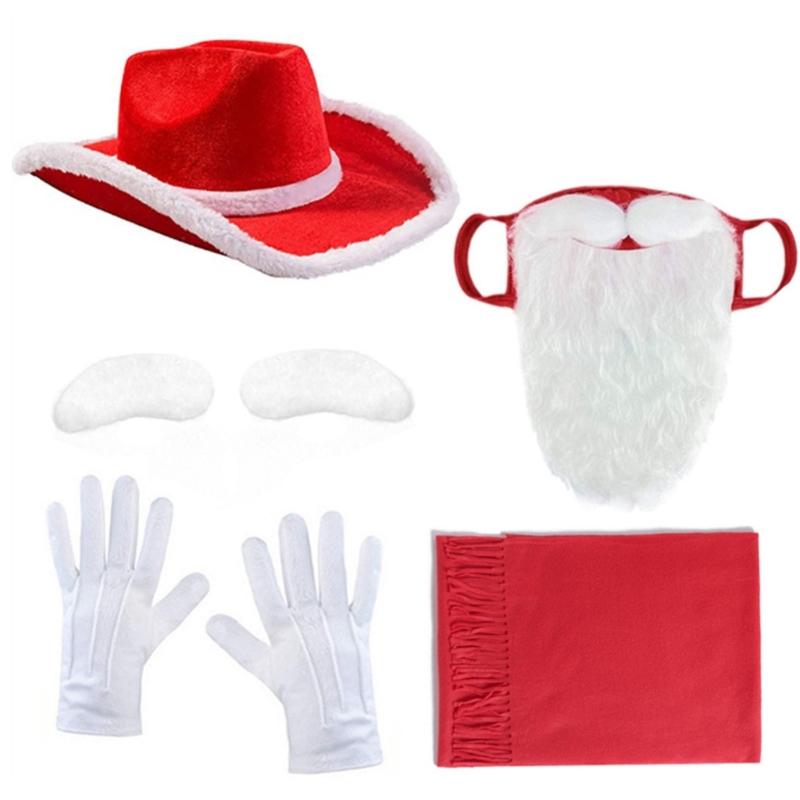 Christmas Cowman Hat Scarf Self Adhesive Eyebrows, Santa Mask with Long Beards for Women Men