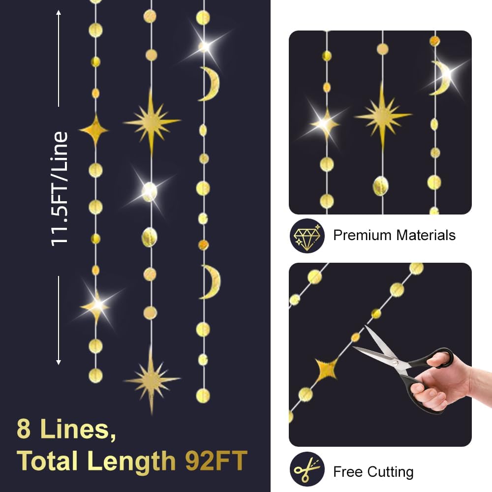 92FT Gold Moon Star Garland, Sparkly Crescent Moon & Star Hanging Decor for Ramadan Eid Mubarak, Birthday Party Supplies, Wedding Baby Shower
