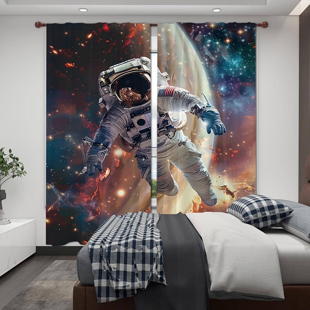 2pcs Astronaut Space Landscape Printed Curtain Privacy Window Drapes Rod Pocket Window Treatments For Bedroom Study Living Room
