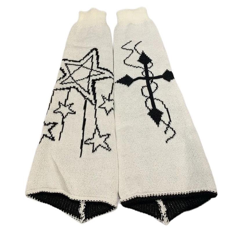 Gothic Women Leg Warmers Harajuku Punk Star Crosses Pattern Flared Knitted Foot Cover Winter Warm Long Socks Streetwear