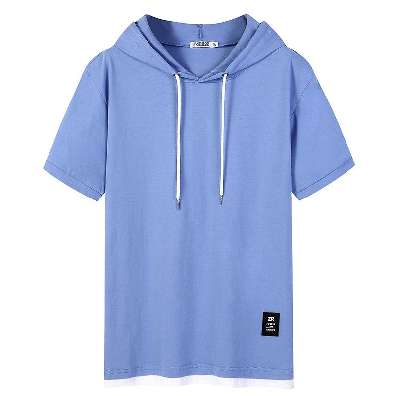 Kunhai Pengyun Men's Trendy Cotton Hooded Short-Sleeve T-Shirt - Loose Fit, Solid Color, Fake Two-Piece Design