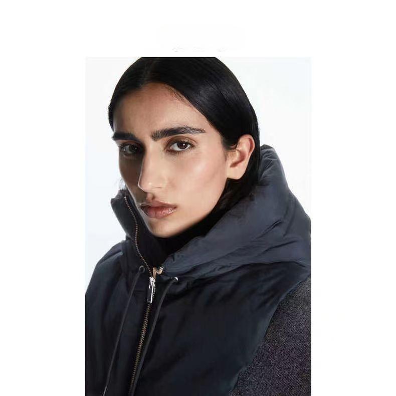 Fake Collar Hood Drawstring Zipper Placket Puffer False Collar Solid Color Down Cotton Filled Outdoor Windbreaker Fake Collar