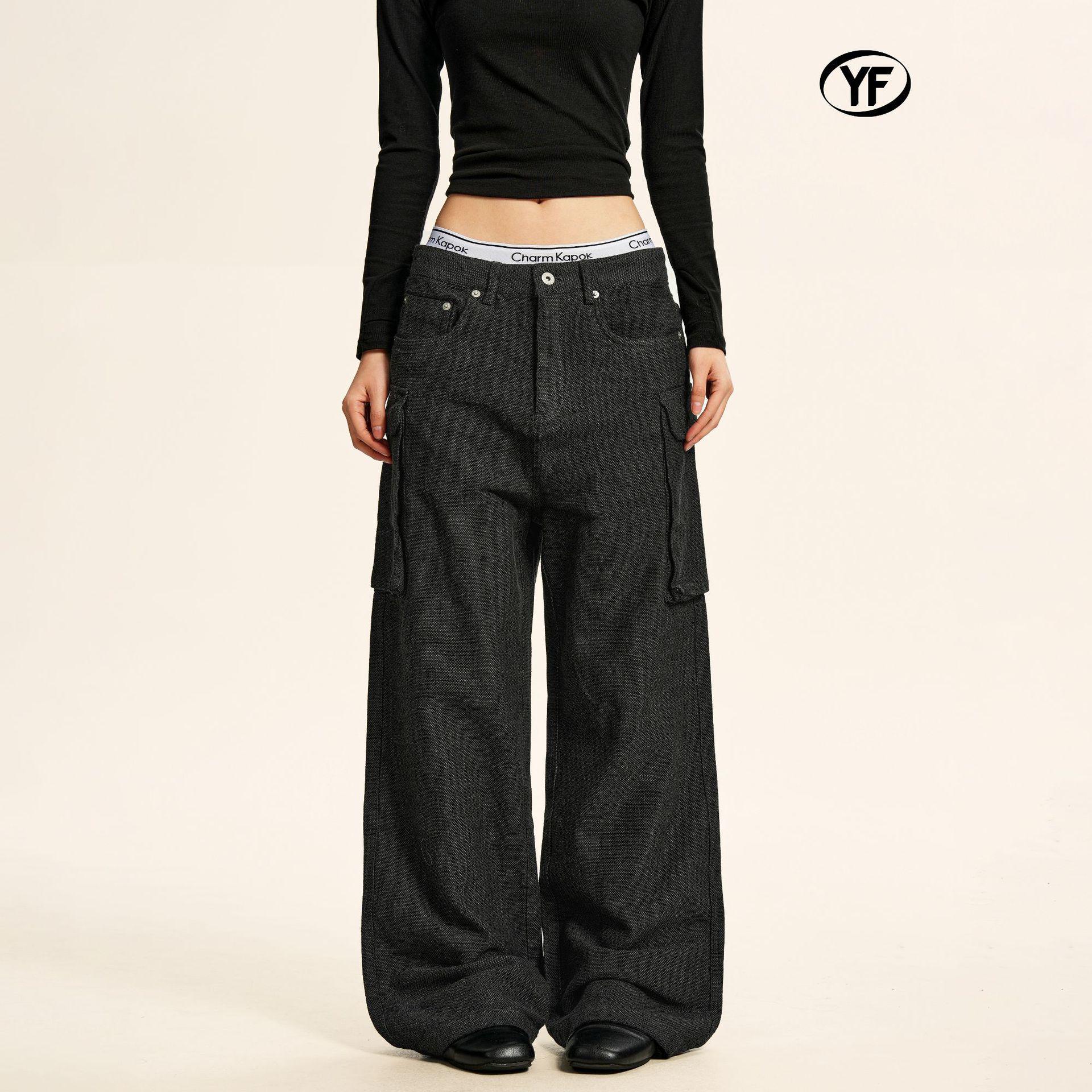 Yongfang Unisex Retro Denim Jeans with 3D Pockets - Casual Street Style Wide Leg Straight Pants Medium