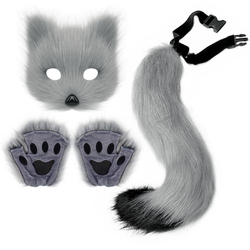 Halloween Set, Simulated Fox Mask Gloves, Plush Fox Tail, Handmade Beast Tail Cos Prop Accessories.