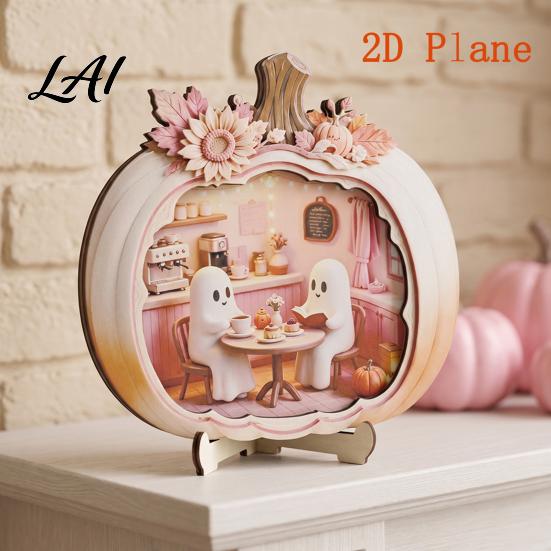 Indoor Fall Tabletop Centerpiece Halloween Ghost Pumpkin Wooden Plaque 2D Flat Sign Gift for Lovers Spooky Bathing Reading Ornament Home Office