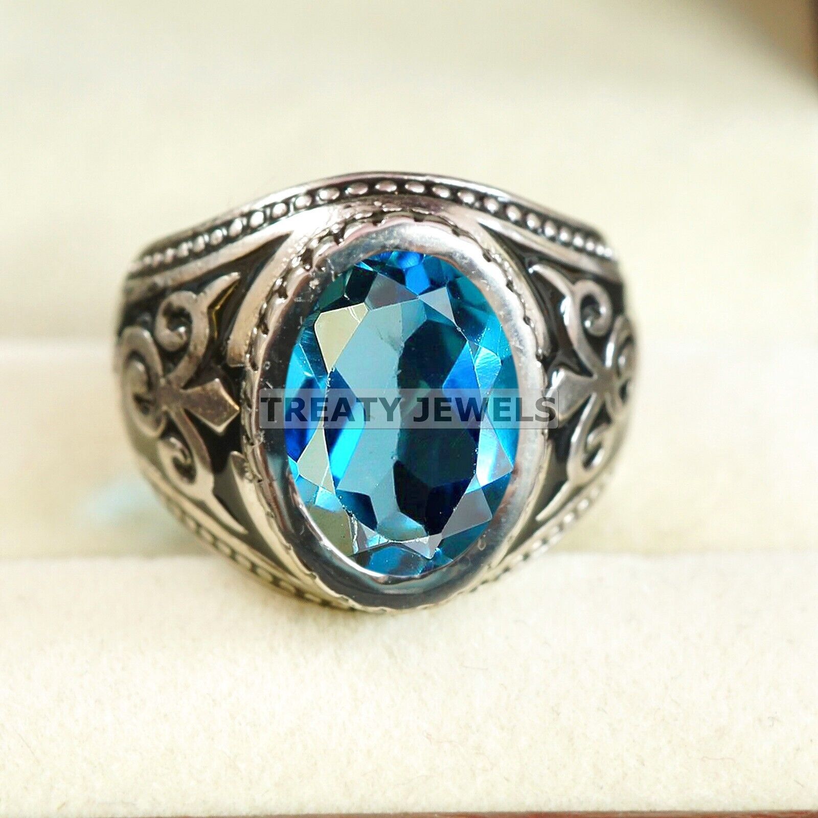 

London Blue Topaz Oval Gemstone With 925 Sterling Silver Ring For Men s #B222 JL375675959367 4-16 US срібний