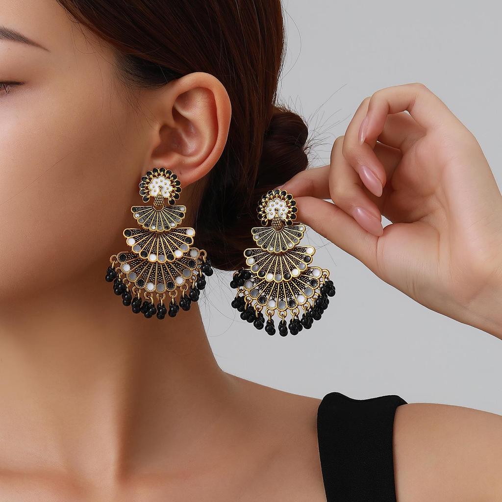 Indian Style Colorful Peacock Beaded Tassel Earrings - Bohemian Fashion