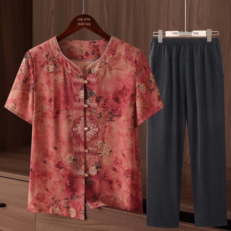 Women s Mid-Aged Summer Breathable Stand-Collar Shirt Set 2XL
