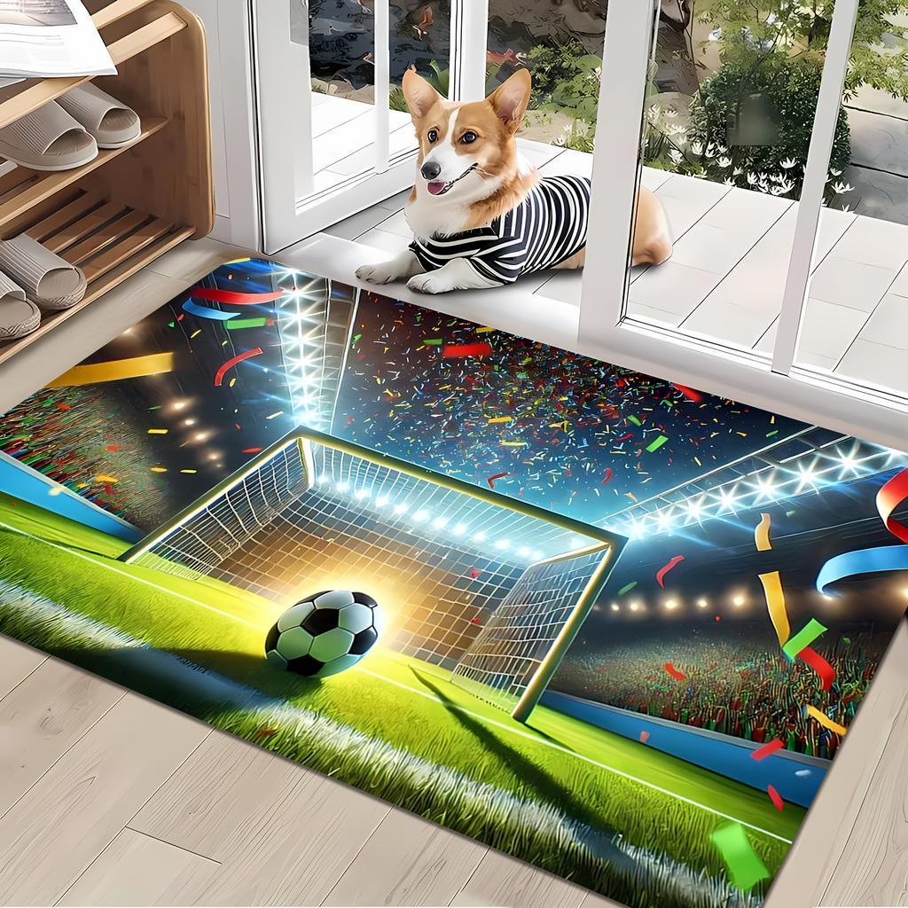 Creative Soccer Field Print Floor Mat, Sports Theme Non-Slip Washable Rug, Indoor Outdoor Decor Carpet for Living Room Patio
