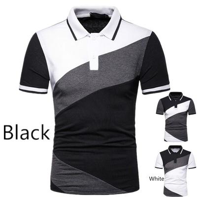 Summer Men's Europe and America Casual Splicing Collar Patchwork Color Loose Short Sleeve Shirt Short Sleeve T-shirt