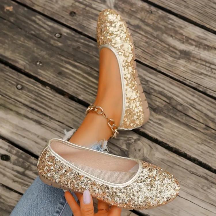 Modische Damen-Flats für Frühling und Herbst Elegant und bequem Freizeitliche runde Zehenpartie Flache modische Pailletten-Dekoration Niedrig geschnittene Schuhe