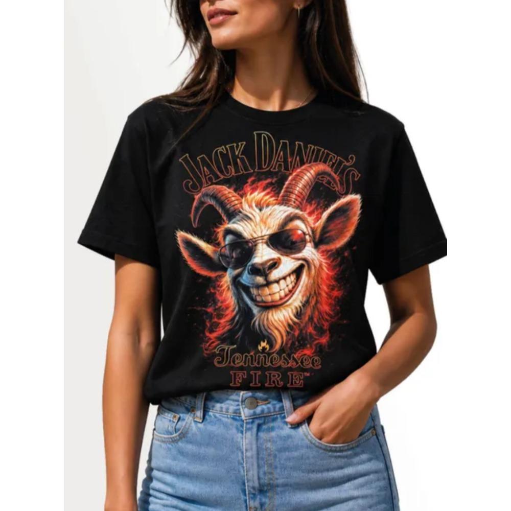 Women's Crew Neck Short Sleeve T-Shirt, Watercolor Wind Wearing Christmas Hat Happy Lamb Print Casual Christmas Day Top
