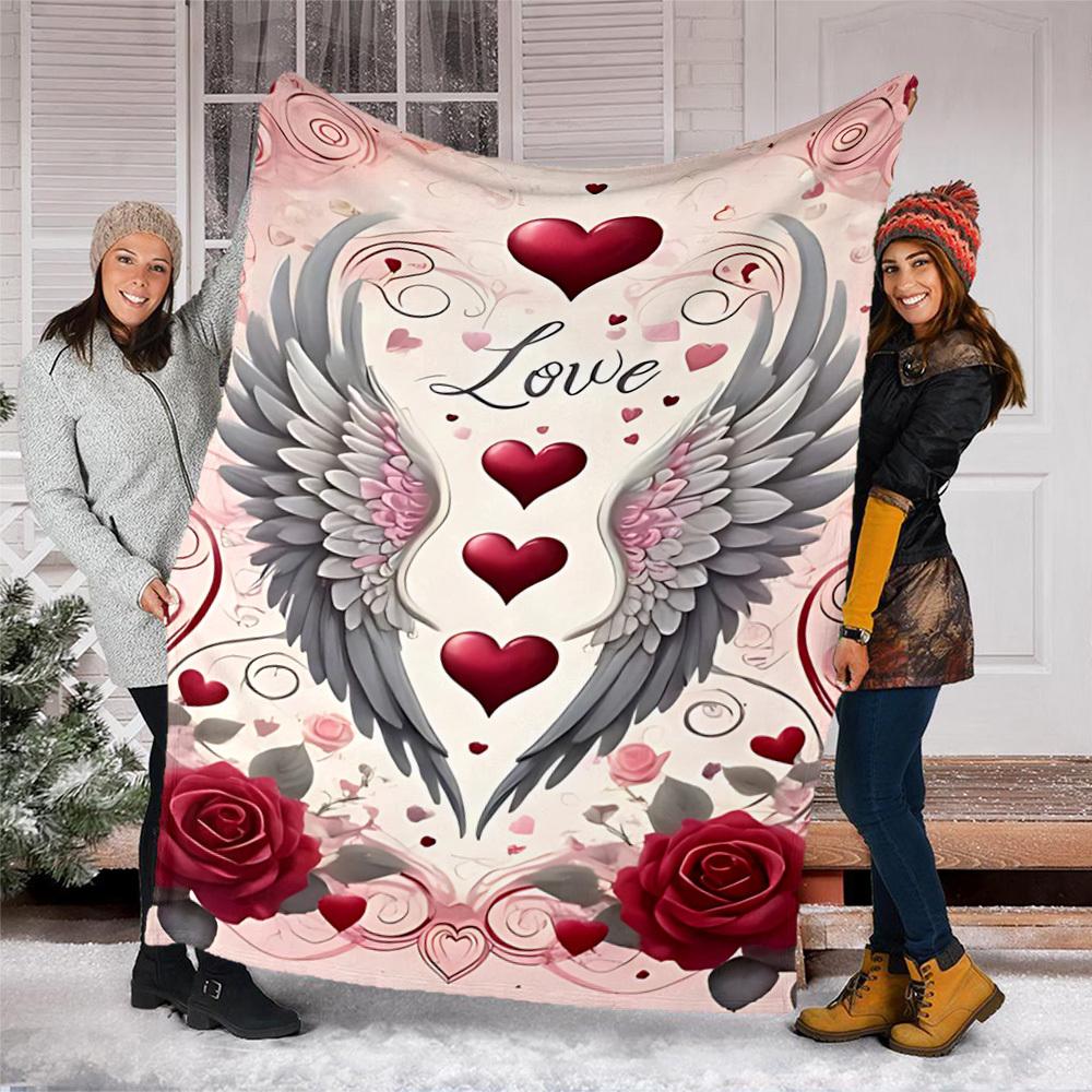 1pc Love Hearts Wings Roses Outdoor Flannel Blanket Soft All Season Polyester Throw , Perfect for Picnics & Travel , Picnic Accessory