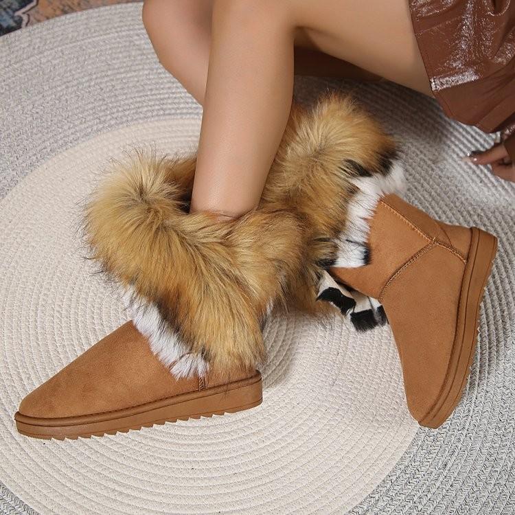 Large size snow boots women's winter new fashion round head flat bottom fluffy mouth plush warm cotton shoes