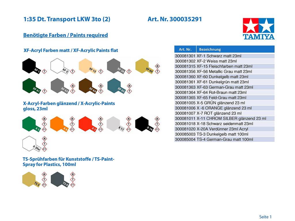 Tamiya Military Miniature Series German Army 3 Ton Cargo Truck Plastic Model 35291 1/35 No.291 4×2