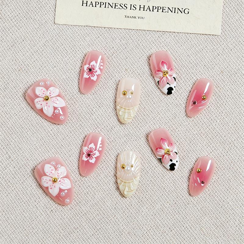 European & American Almond Shape 3D Pink Flower False Nails with Stickers