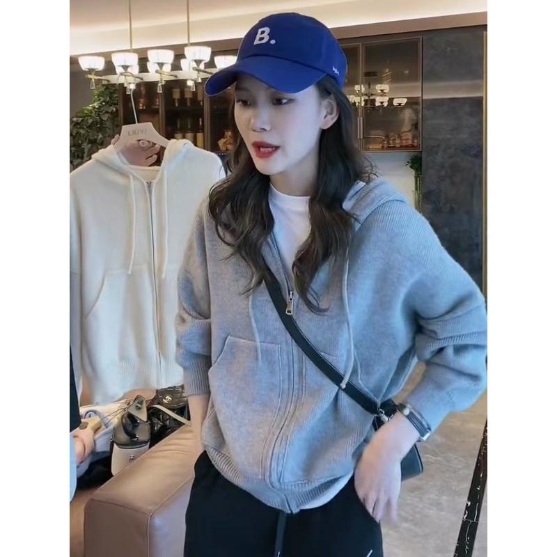 

Корейский высококачественный осенне-зимний кардиган, нишевый однотонный свободный свитер с капюшоном, женский тонкий свитер с длинными рукавами, пальто One Size синий