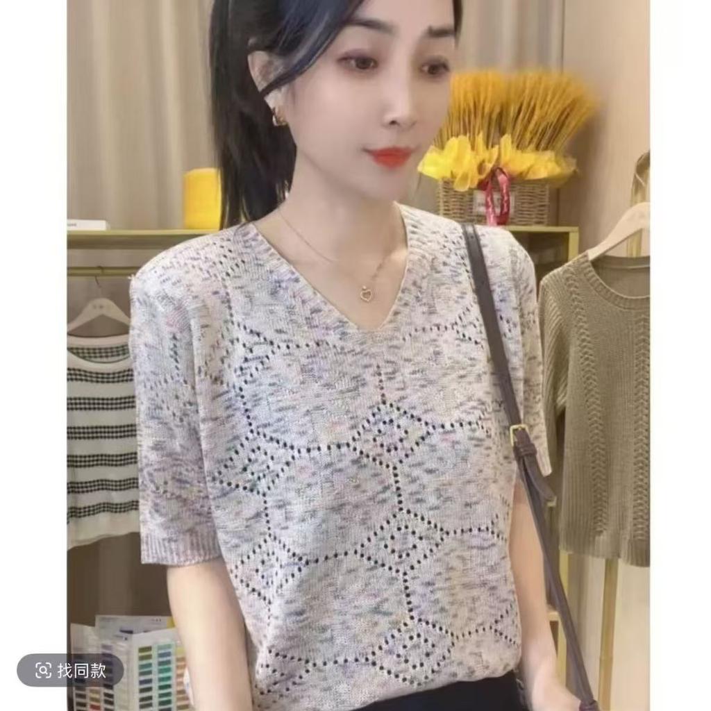 Women's Knitted T-shirt V-neck Loose Pullover Top Summer Knitted Versatile Short Sleeved Shirt