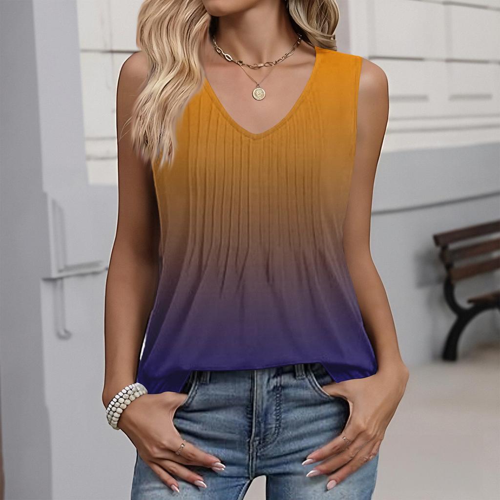 Women's Fashionable Sleeveless Vest With Pleats, V-neck, Tie- Gradient Color, Loose Fit, Flowy Summer Top