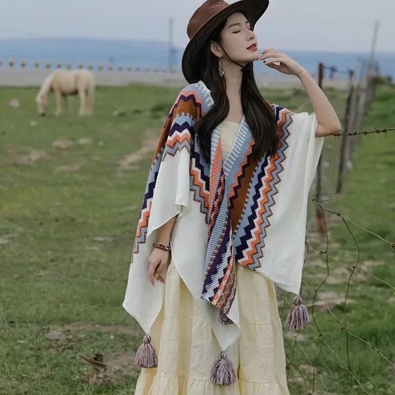 

Women s Bohemian Fringed Knitted Hooded Cape Scarf 102